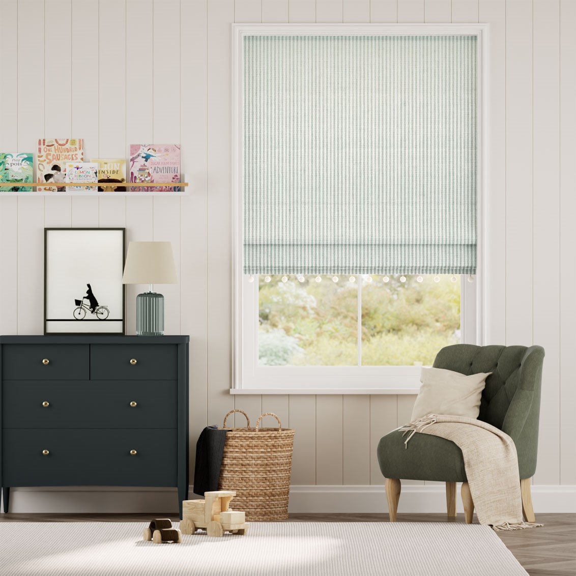 Ella Stripe Mint & Chalk  Trimmed Roman Blind