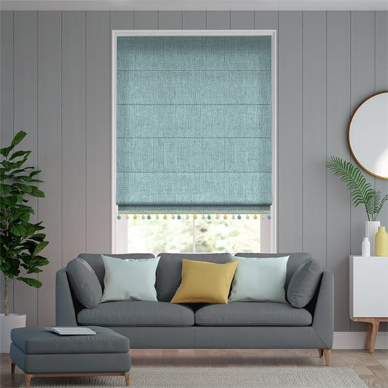 Eternity Linen Teal & Spring Trimmed Roman Blind