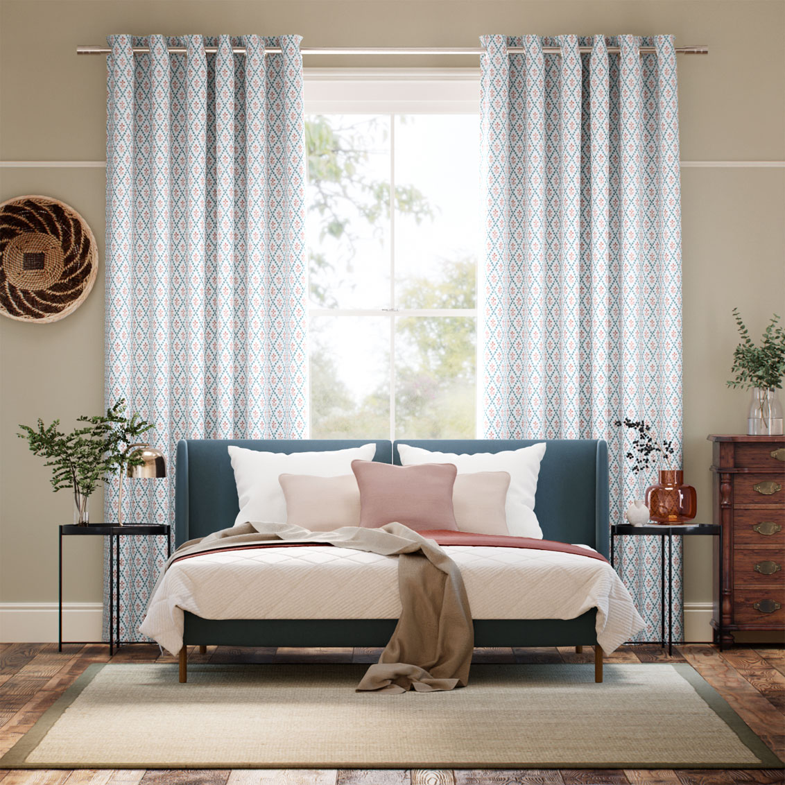 Floral Trellis Aqua & Spice Curtains