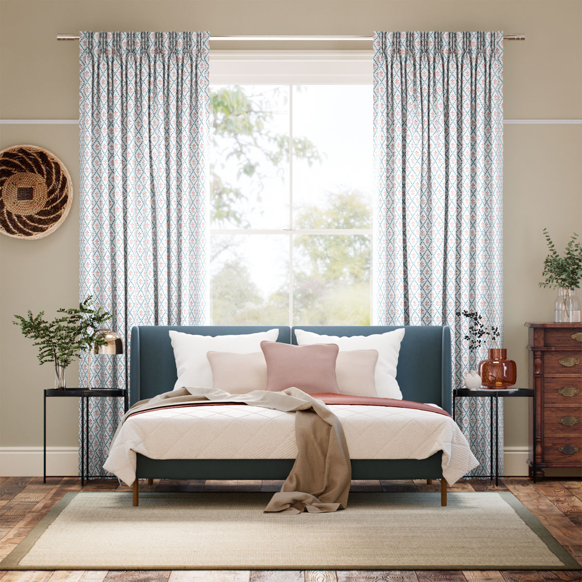 Floral Trellis Aqua & Spice Curtains