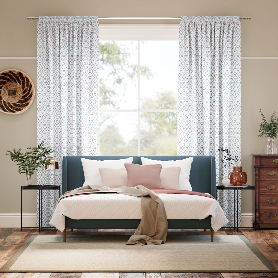 Floral Trellis Aqua & Spice Curtains