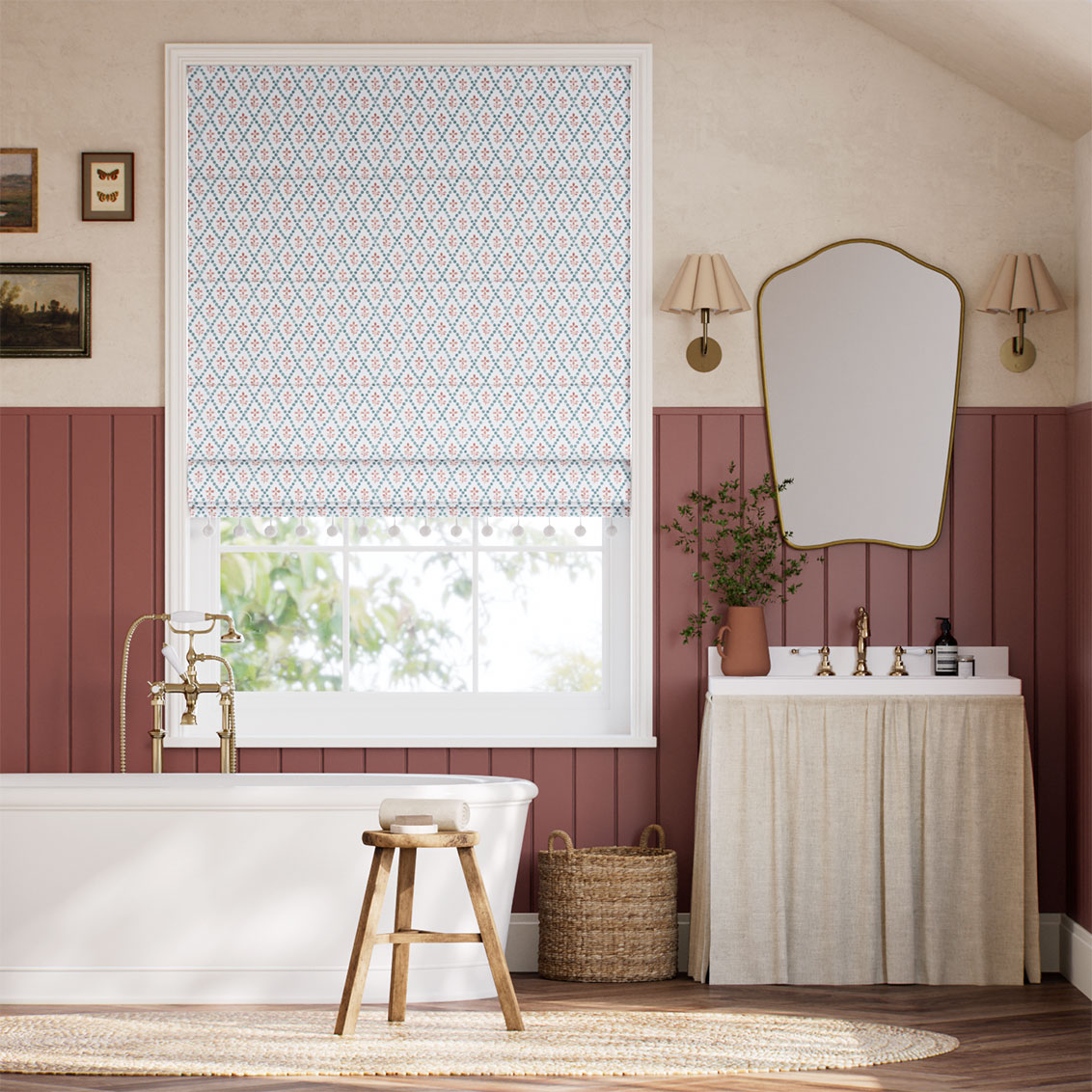 Floral Trellis Pom-Pom Aqua & Spice Roman Blind