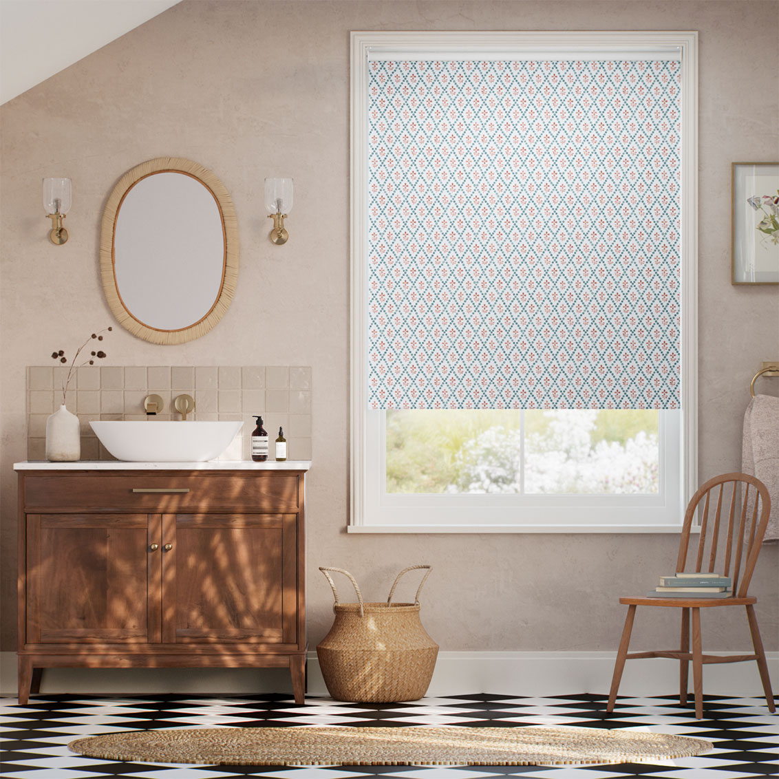 Floral Trellis Aqua & Spice Roller Blind