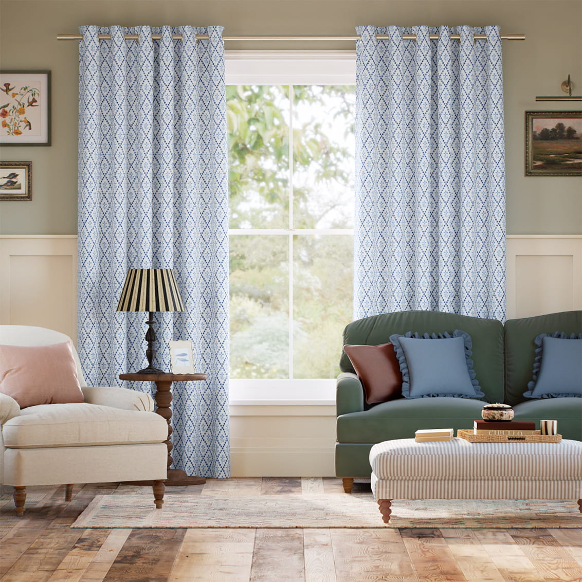 Floral Trellis Blue Curtains