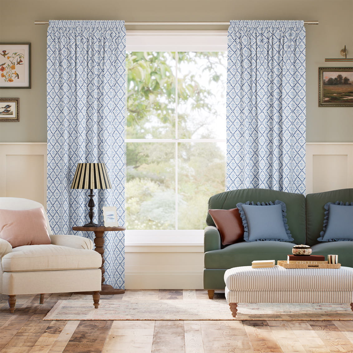 Floral Trellis Blue Curtains