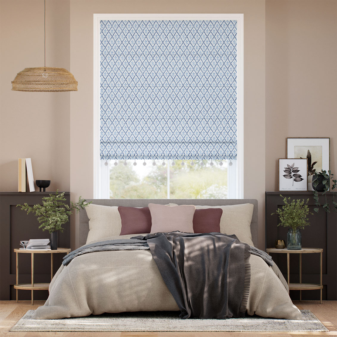 Floral Trellis Pom-Pom Blue Roman Blind