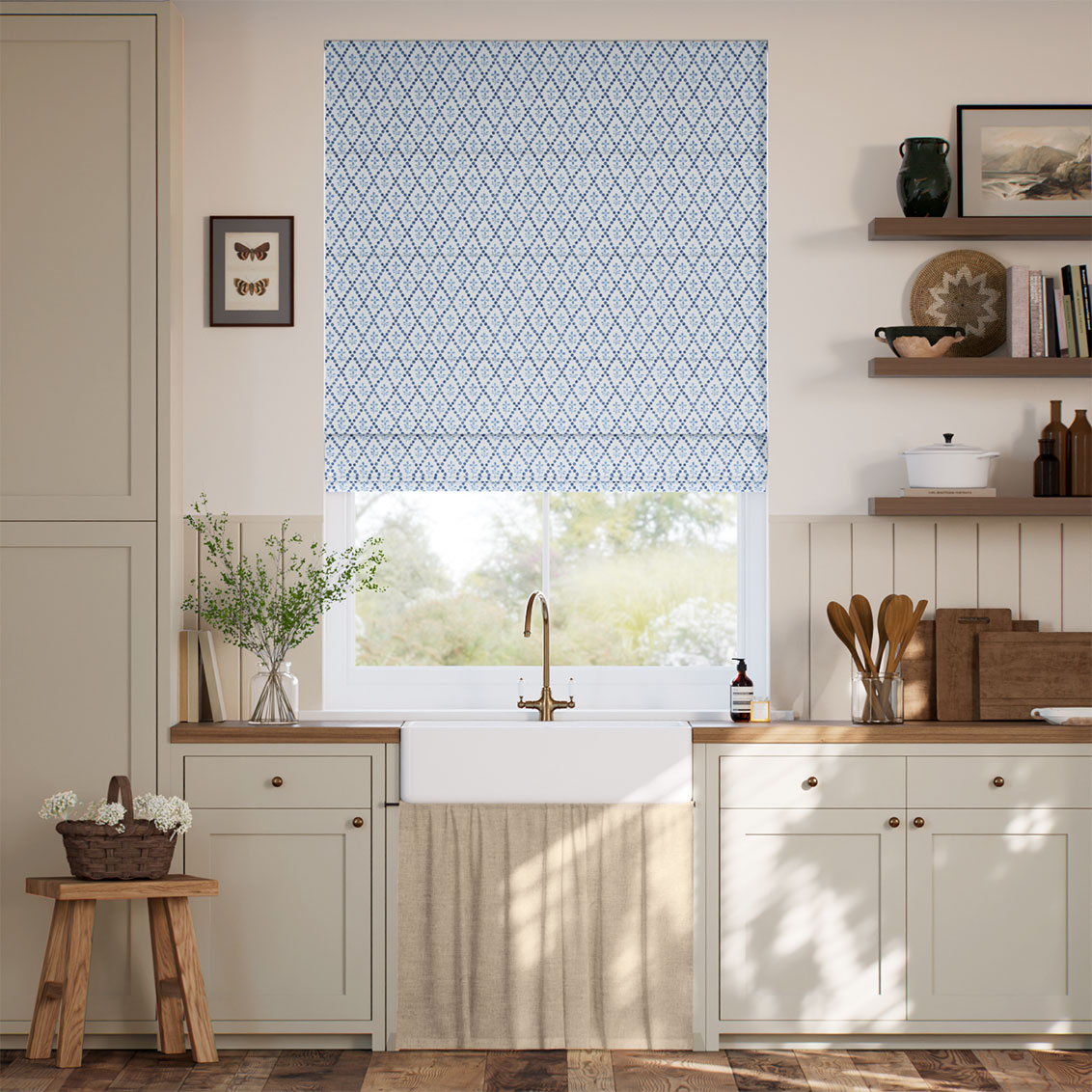 Floral Trellis Blue Roman Blind