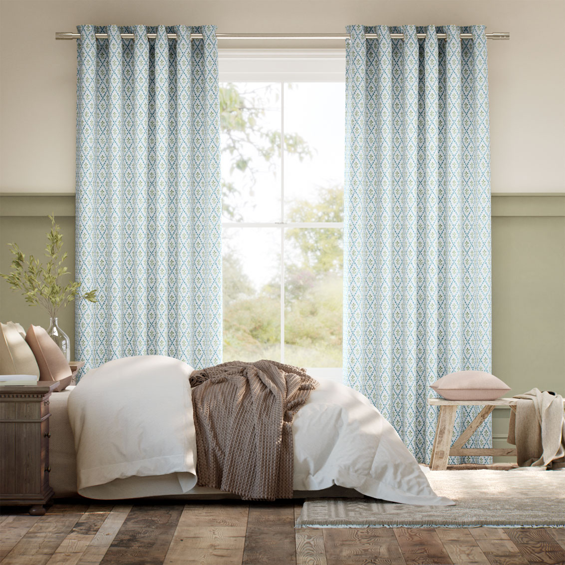 Floral Trellis Blue & Green Curtains