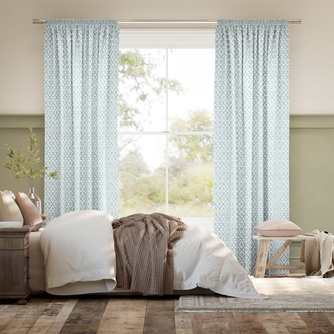 Floral Trellis Blue & Green Curtains