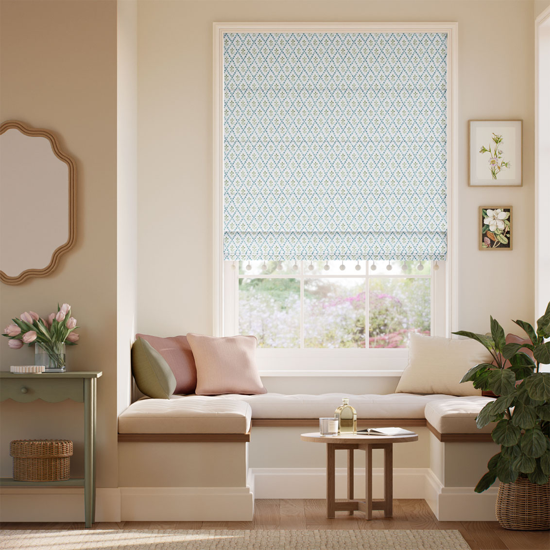 Floral Trellis Pom-Pom Blue & Green Roman Blind