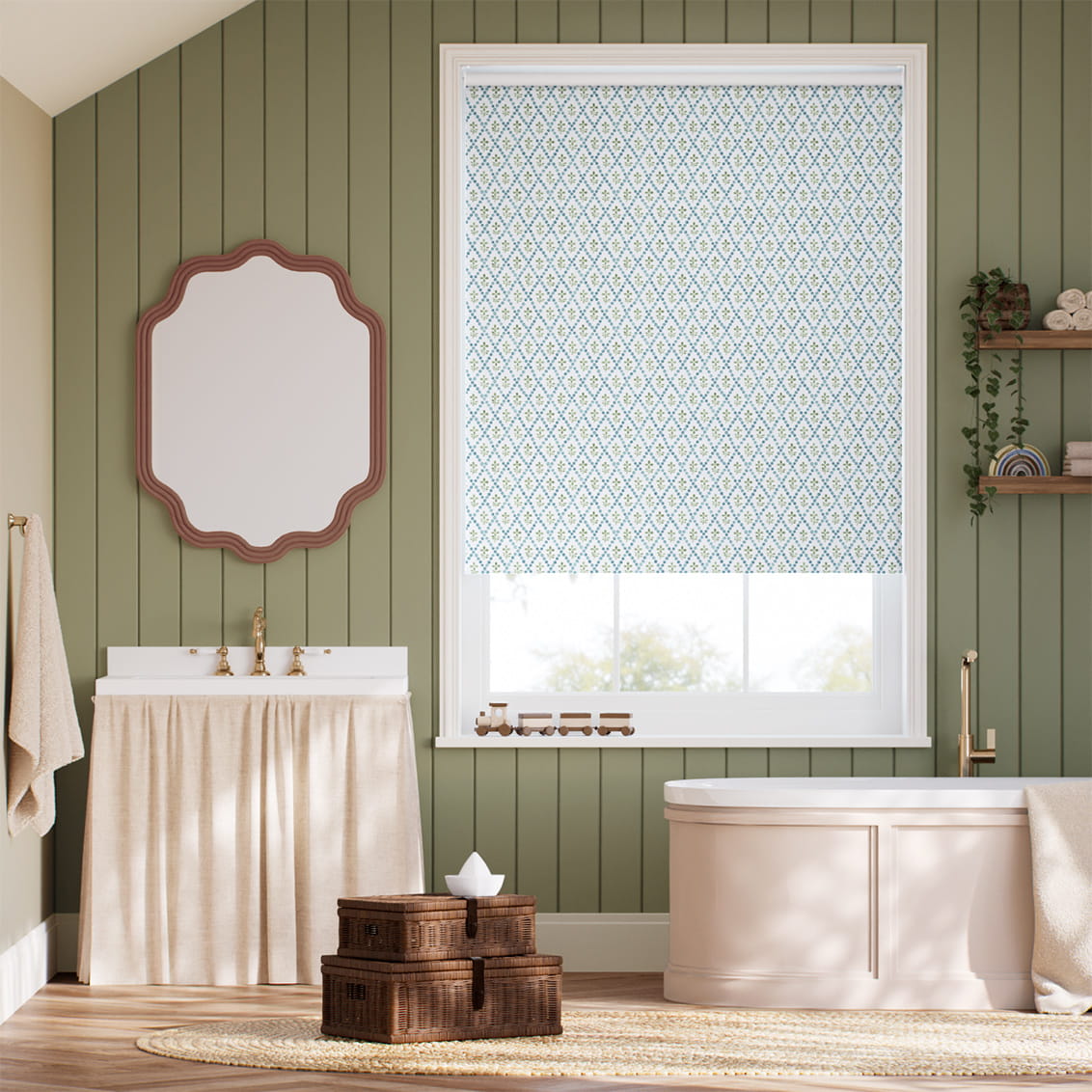 Floral Trellis Blue & Green Roller Blind