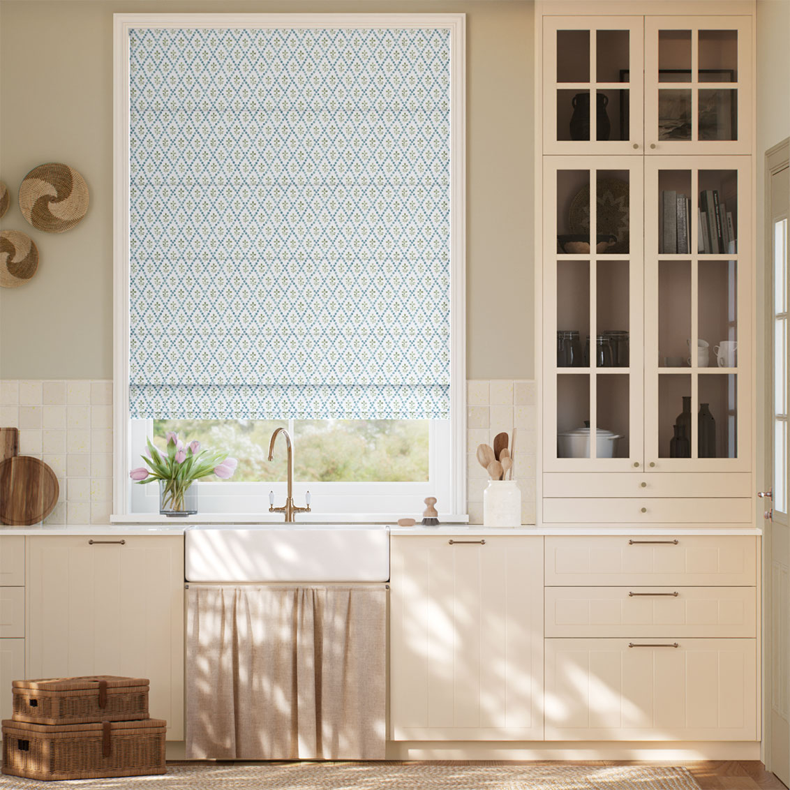 Floral Trellis Blue & Green Roman Blind