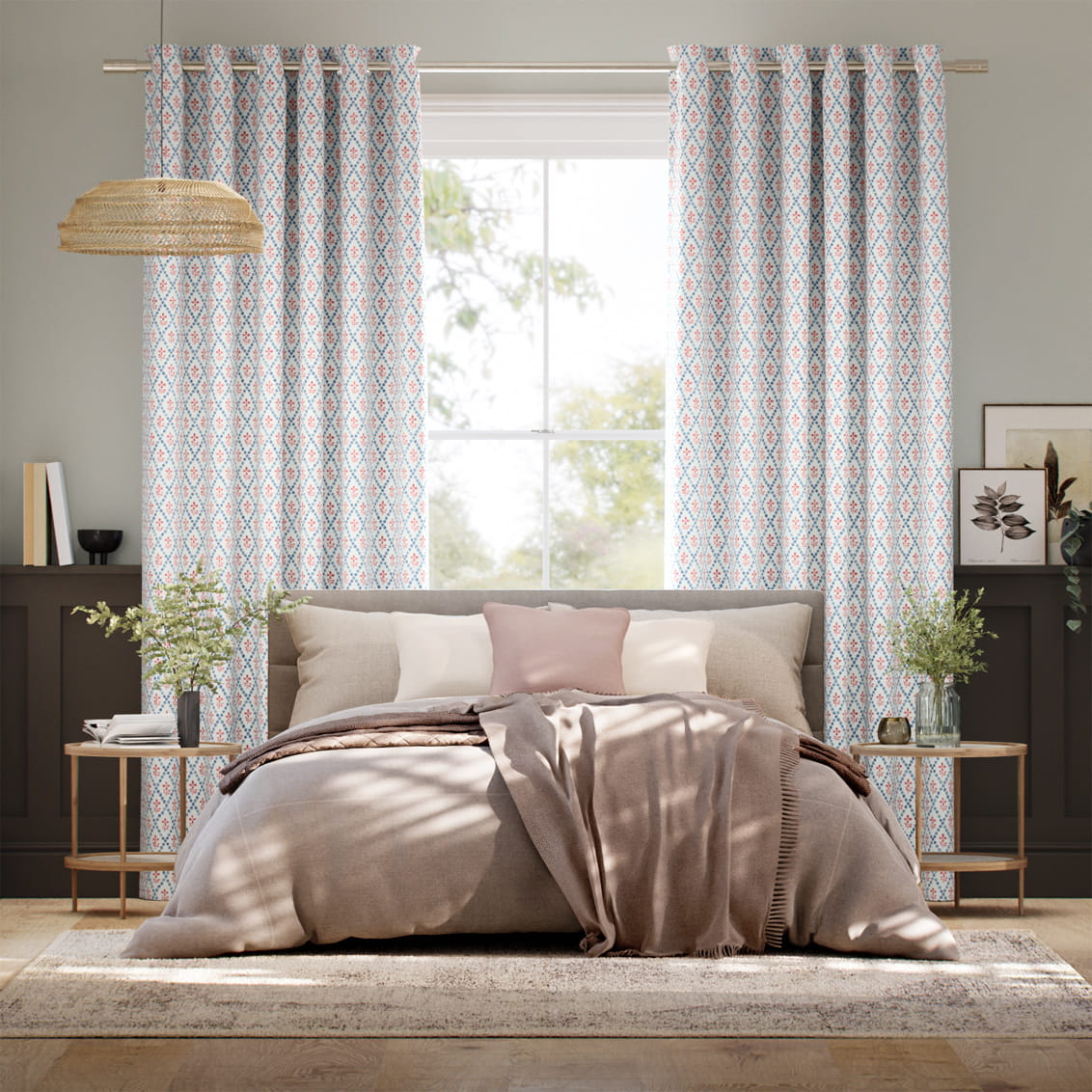 Floral Trellis Blue & Red Curtains