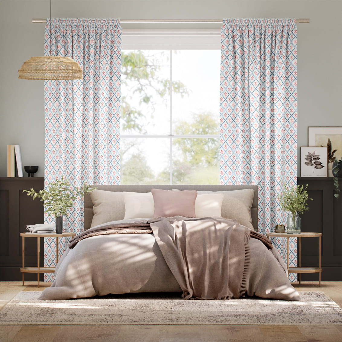 Floral Trellis Blue & Red Curtains