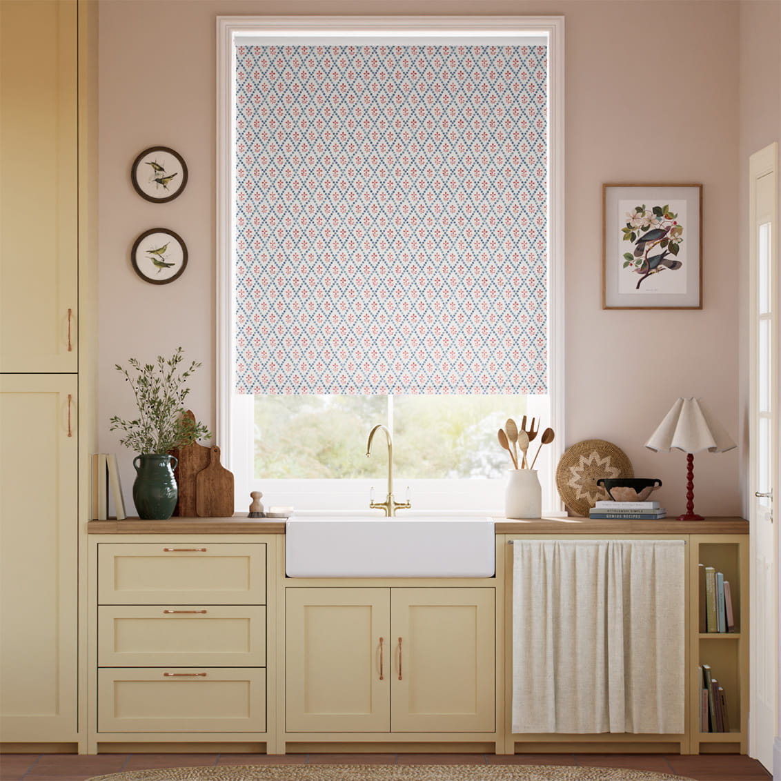 Floral Trellis Blue & Red Roller Blind