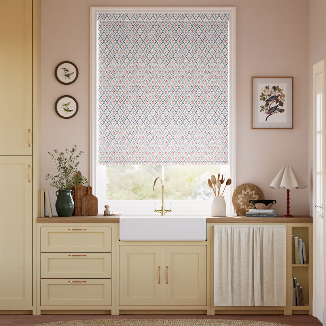 Floral Trellis Blue & Red Roller Blind