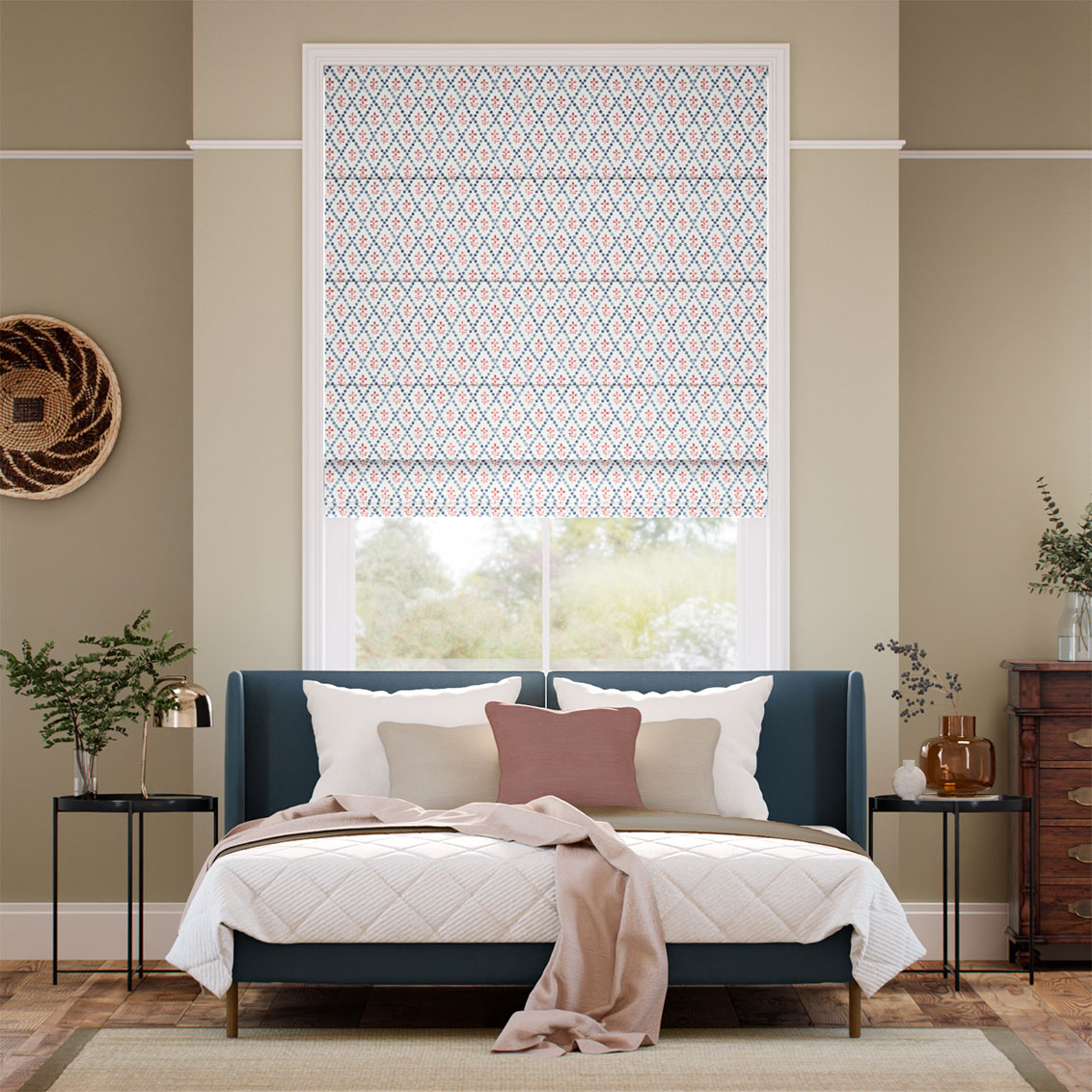 Floral Trellis Blue & Red Roman Blind