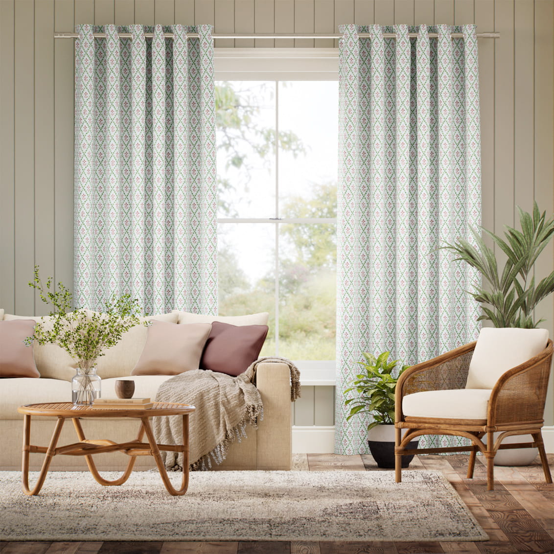 Floral Trellis Green & Blush Curtains