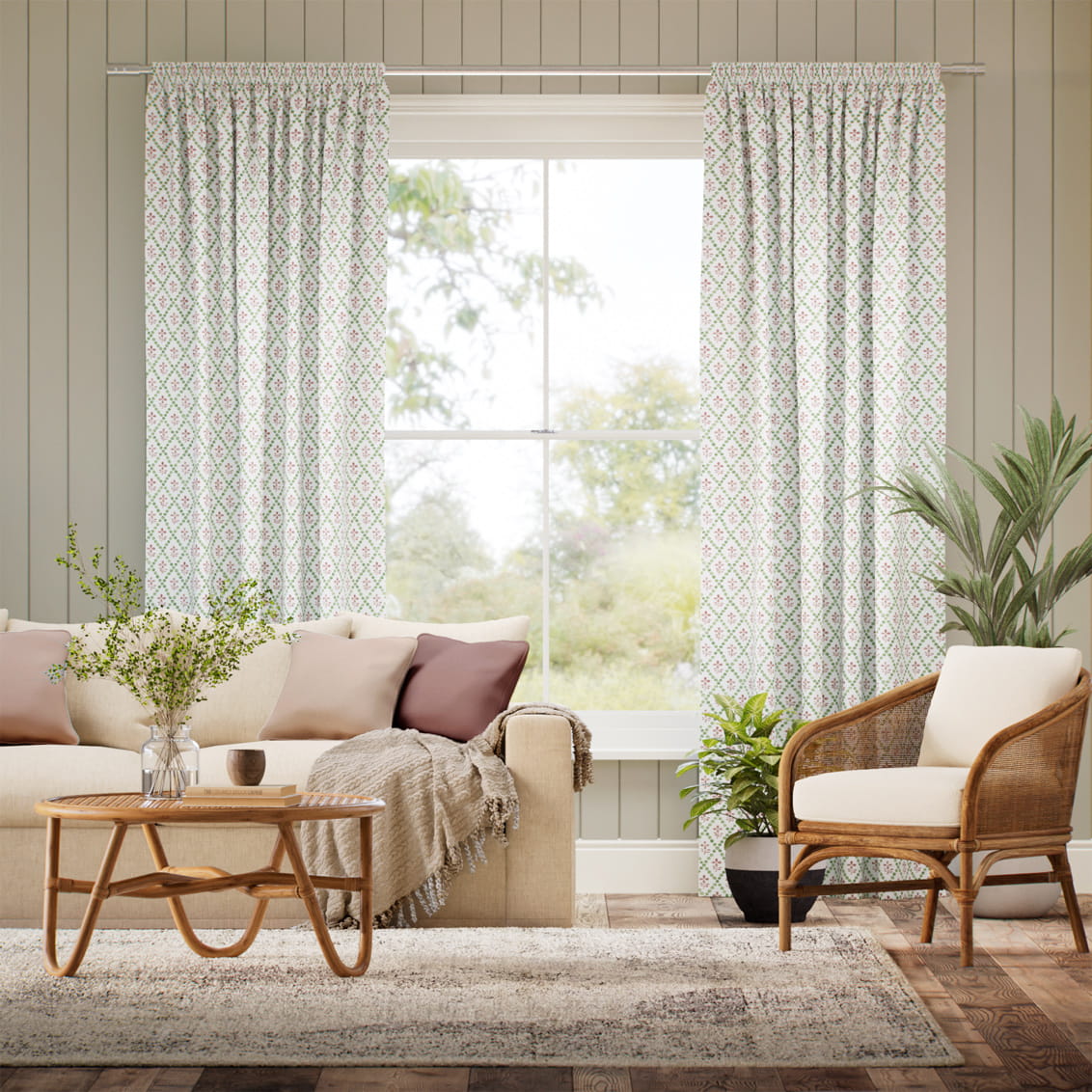 Floral Trellis Green & Blush Curtains