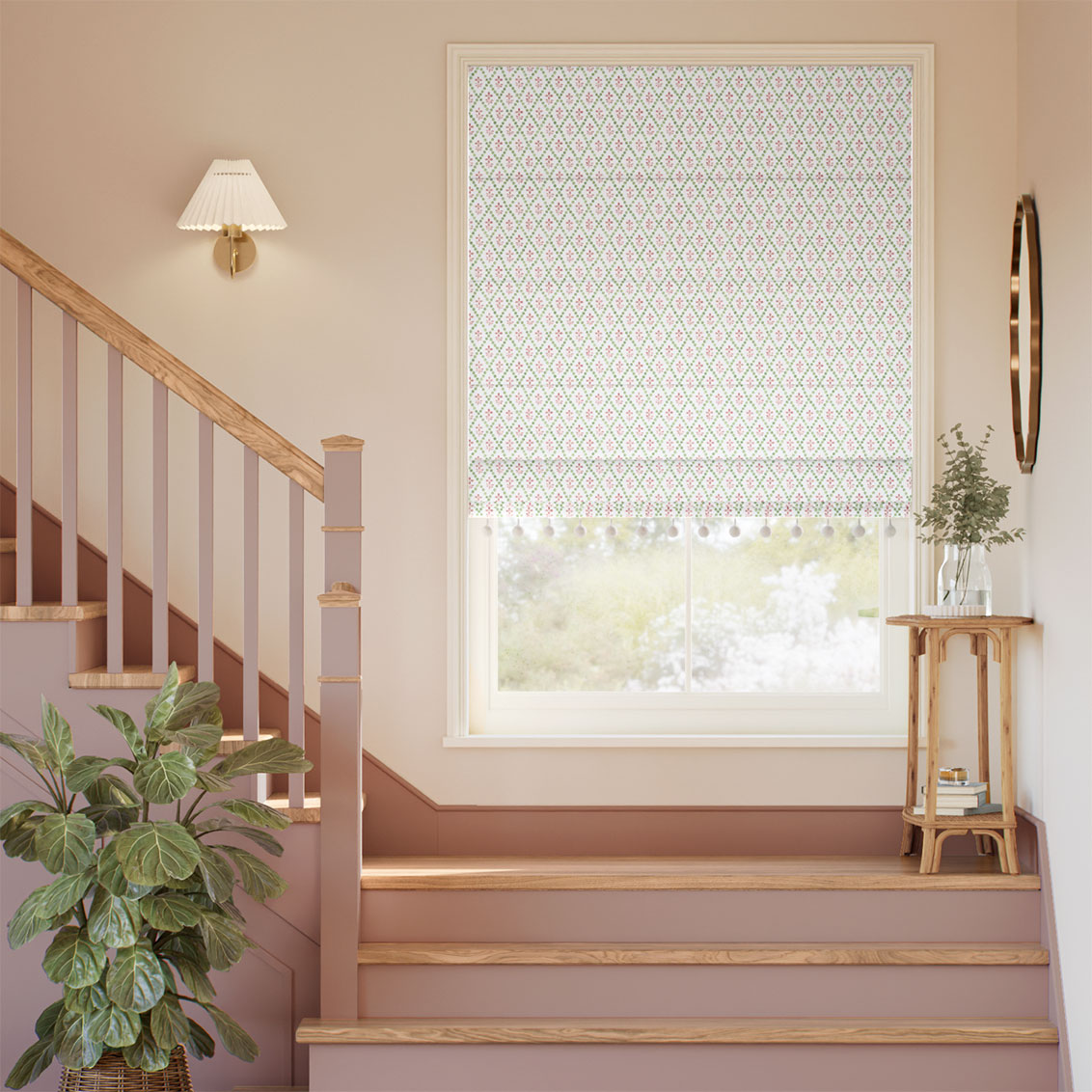 Floral Trellis Pom-Pom Green & Blush Roman Blind