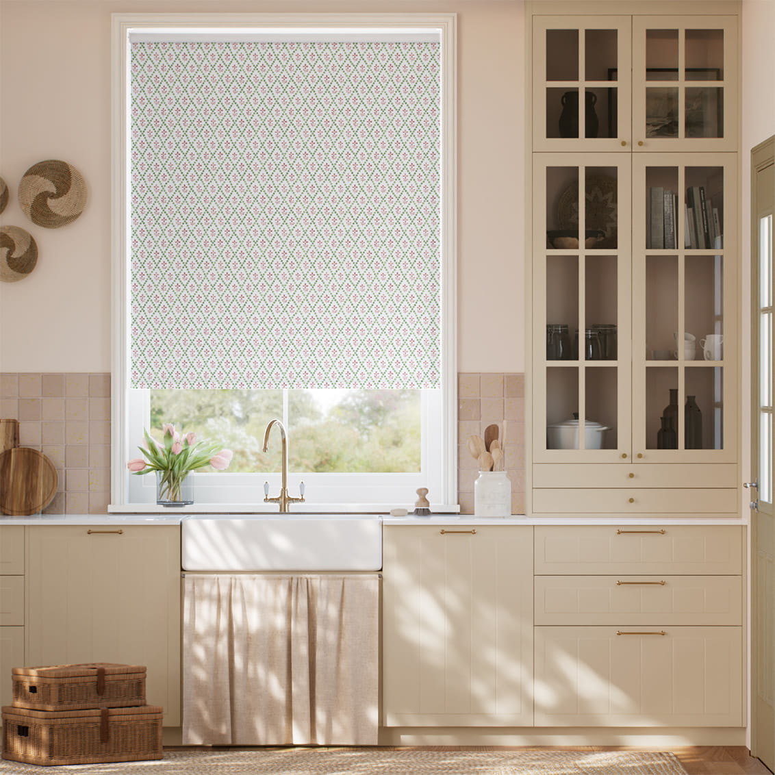Floral Trellis Green & Blush Roller Blind
