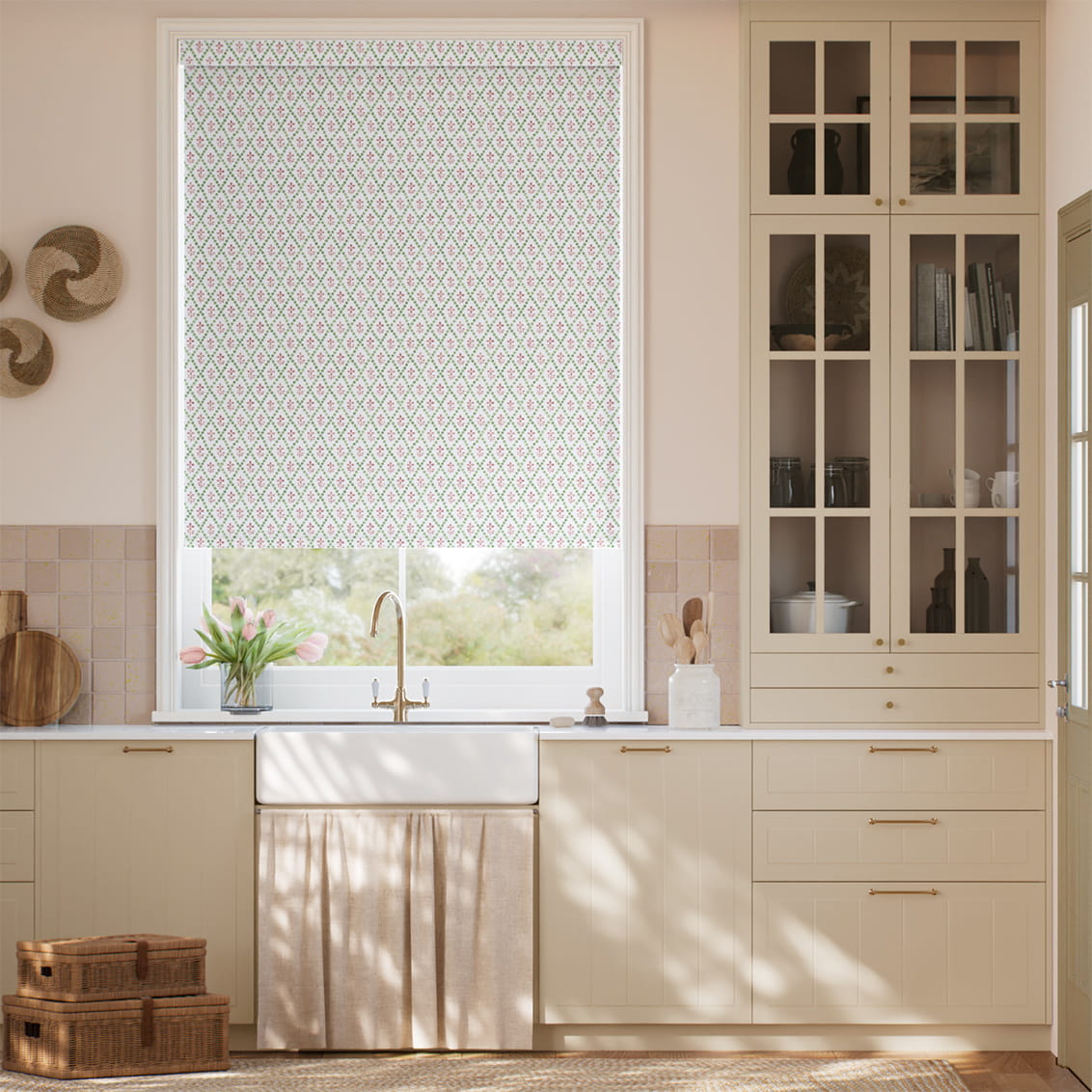Floral Trellis Green & Blush Roller Blind