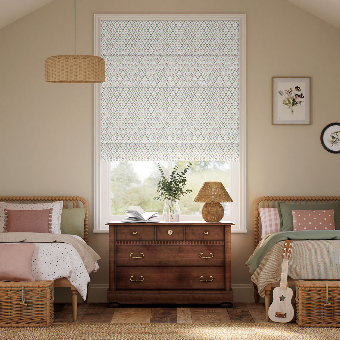 Floral Trellis Green & Blush Roman Blind