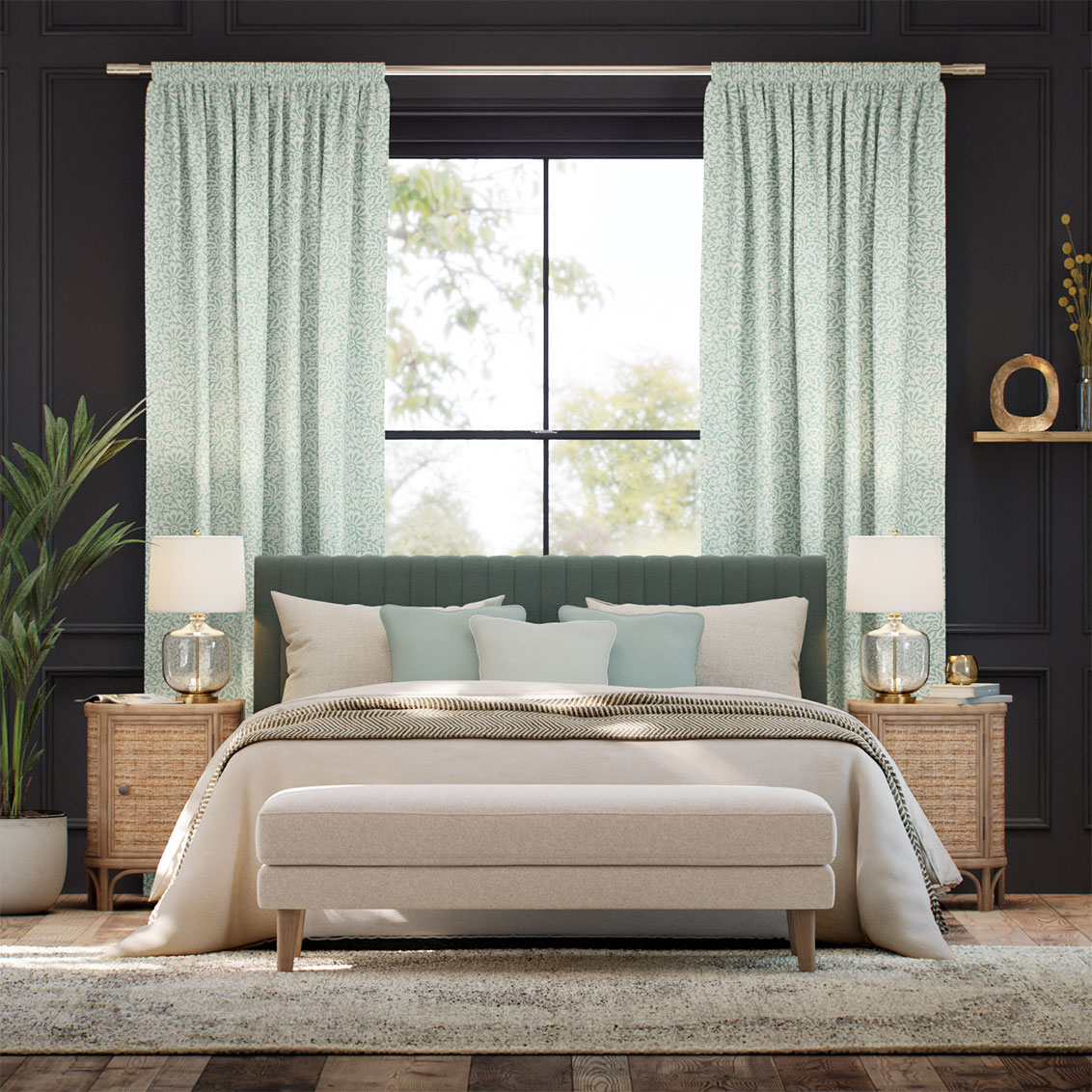 Flower Block Aqua Curtains