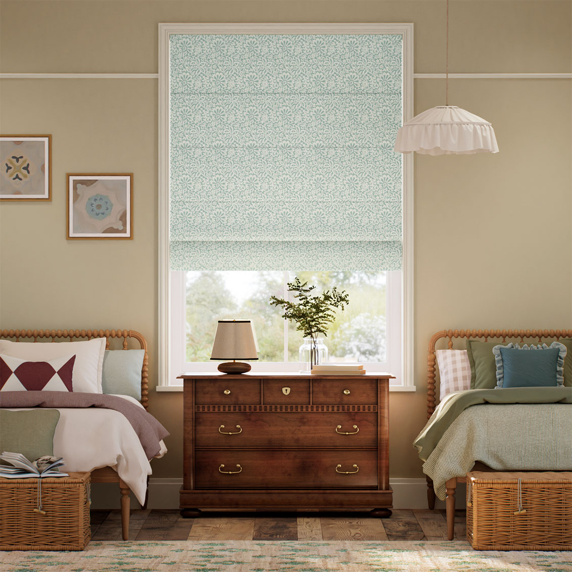 Flower Block Aqua Roman Blind