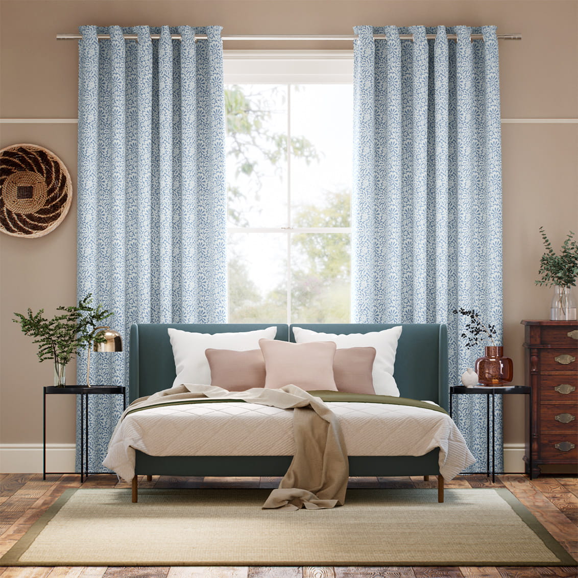 Flower Block Blue Curtains