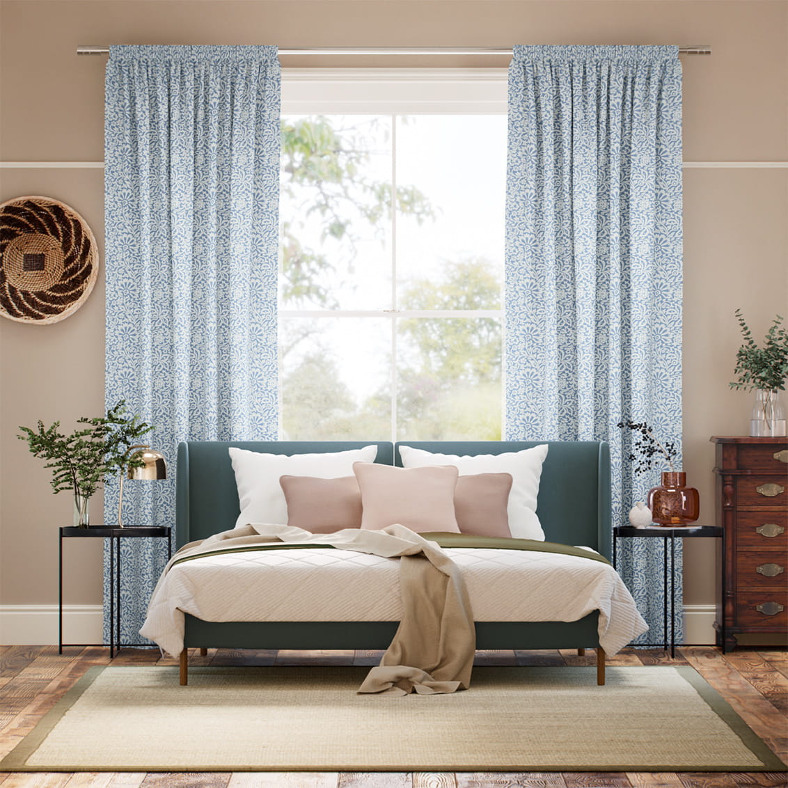Flower Block Blue Curtains