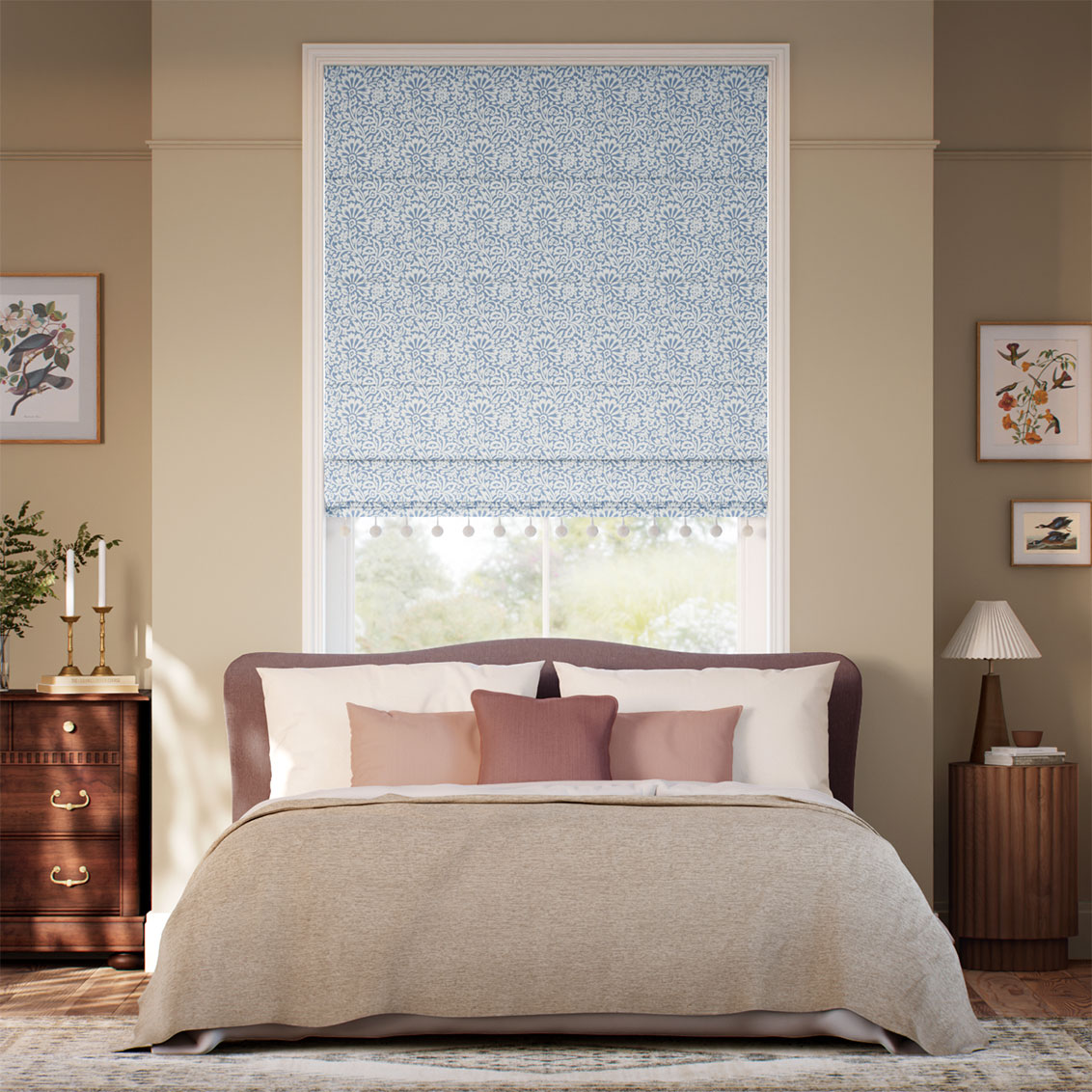 Flower Block Pom-Pom Blue Roman Blind