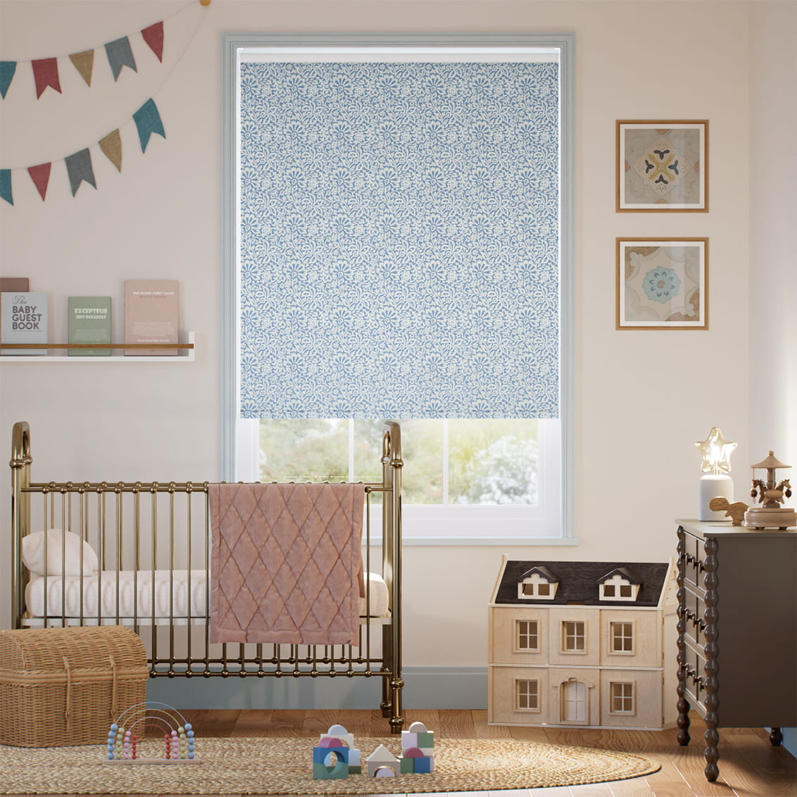 Flower Block Blue Roller Blind