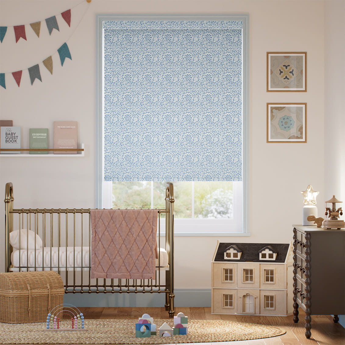 Flower Block Blue Roller Blind
