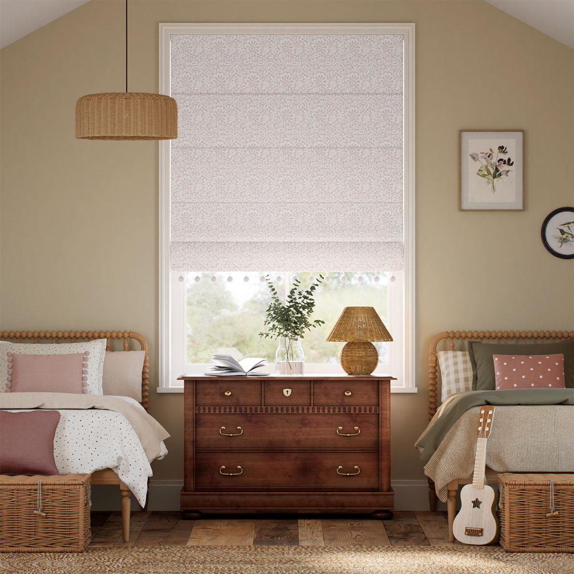 Flower Block Pom-Pom Blush Roman Blind