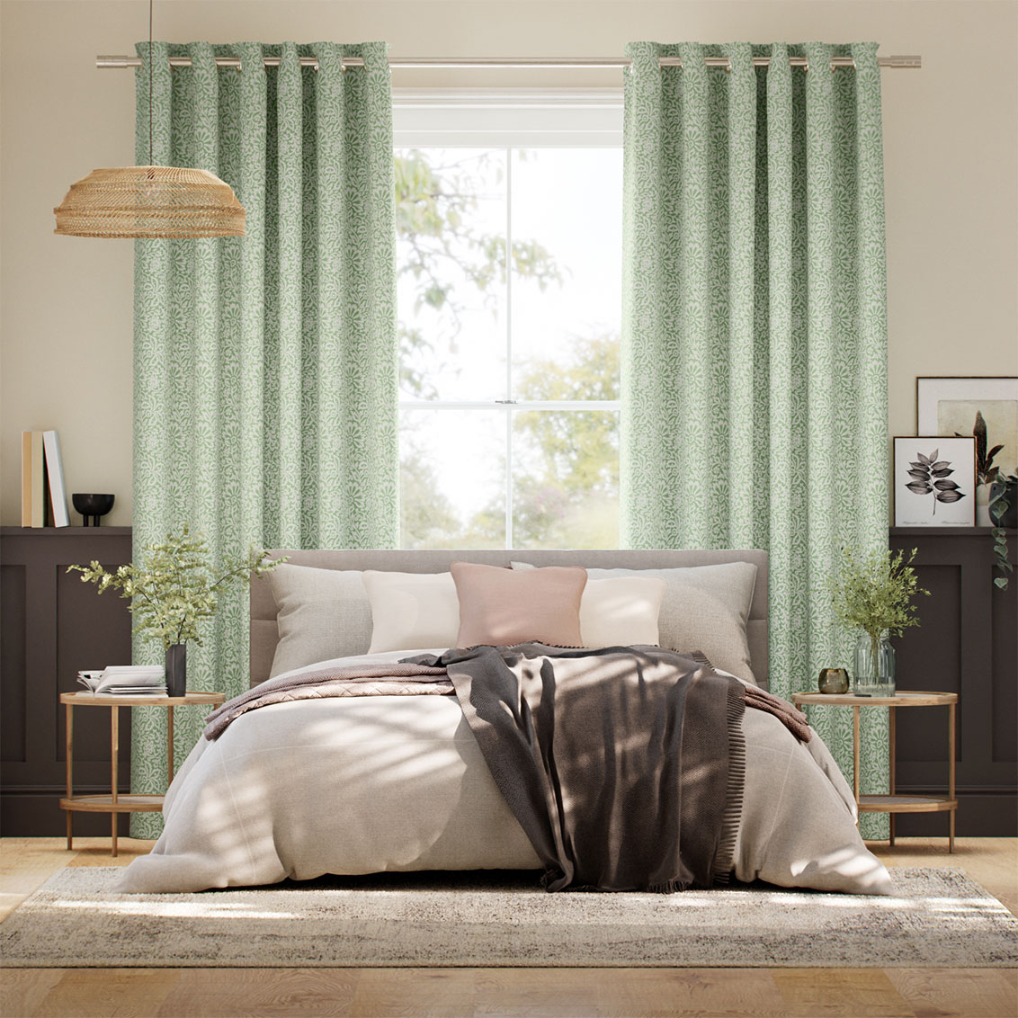 Flower Block Green Curtains