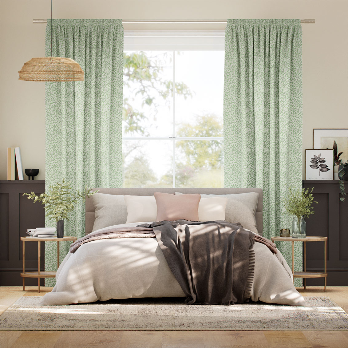 Flower Block Green Curtains