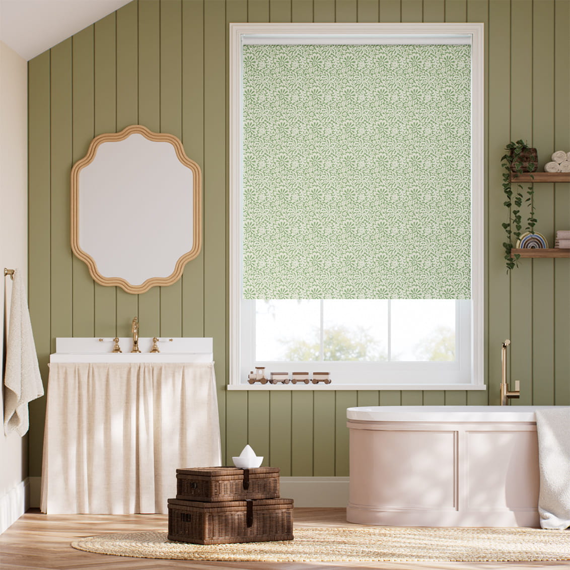 Flower Block Green Roller Blind