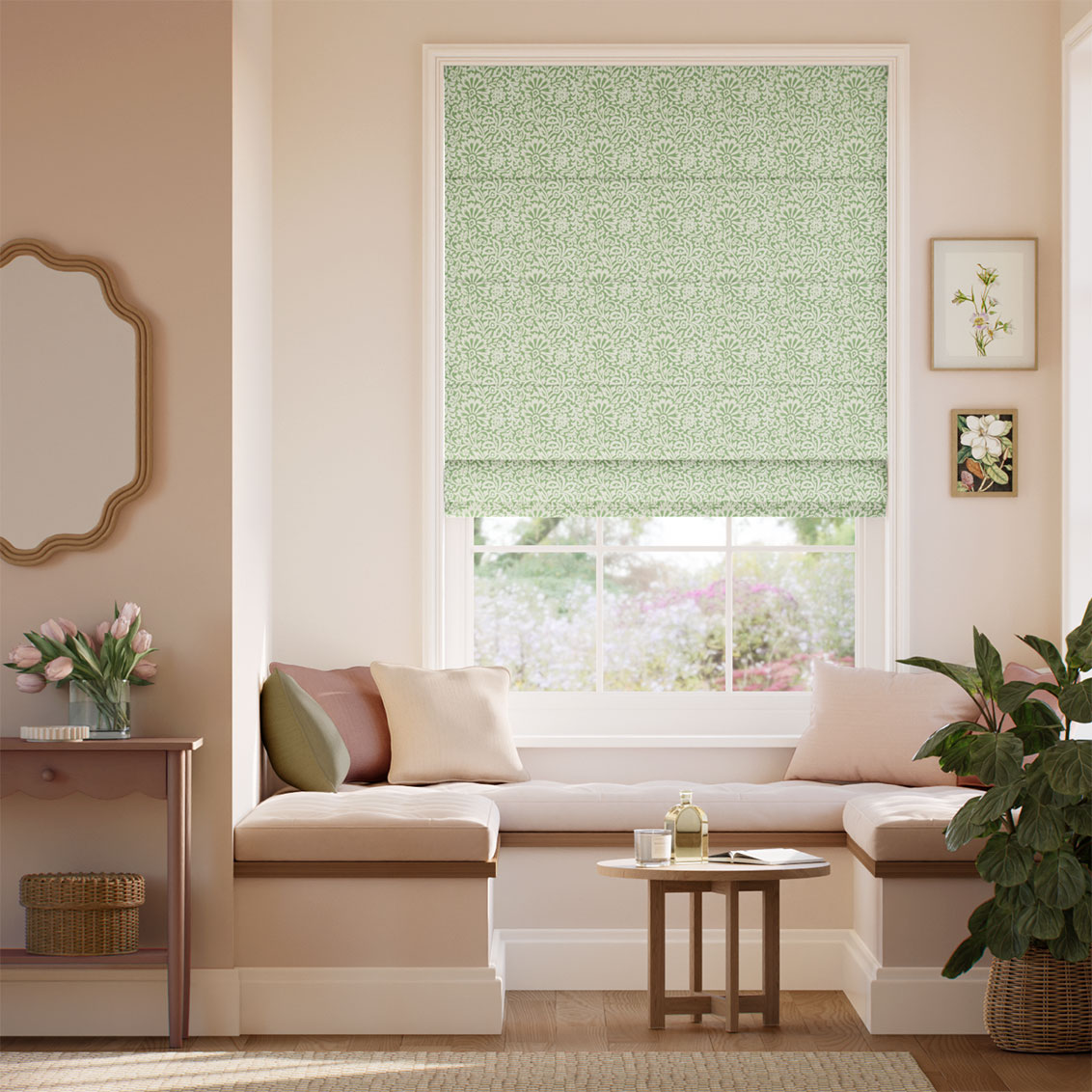 Flower Block Green Roman Blind