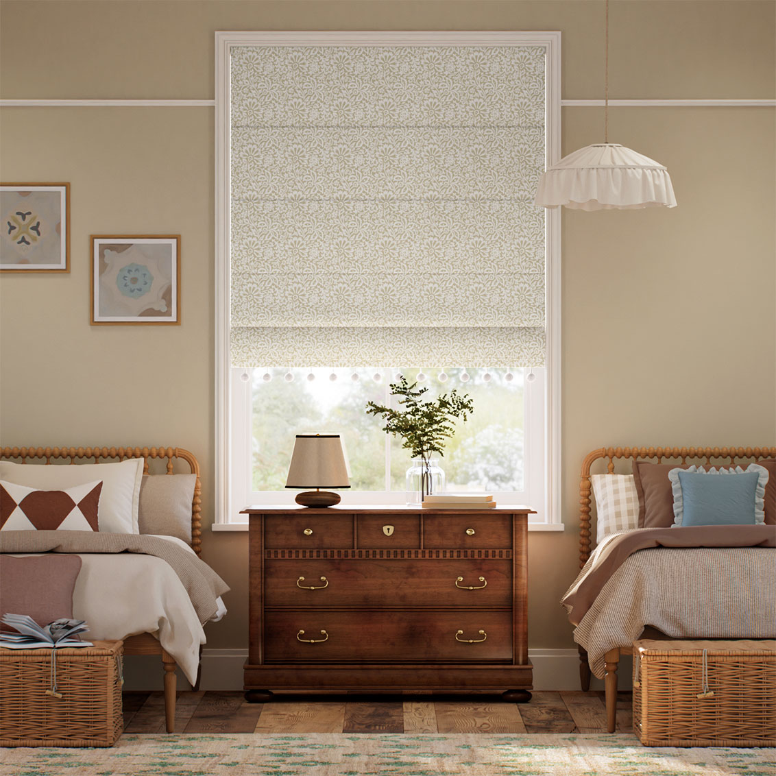 Flower Block Pom-Pom Neutral Roman Blind