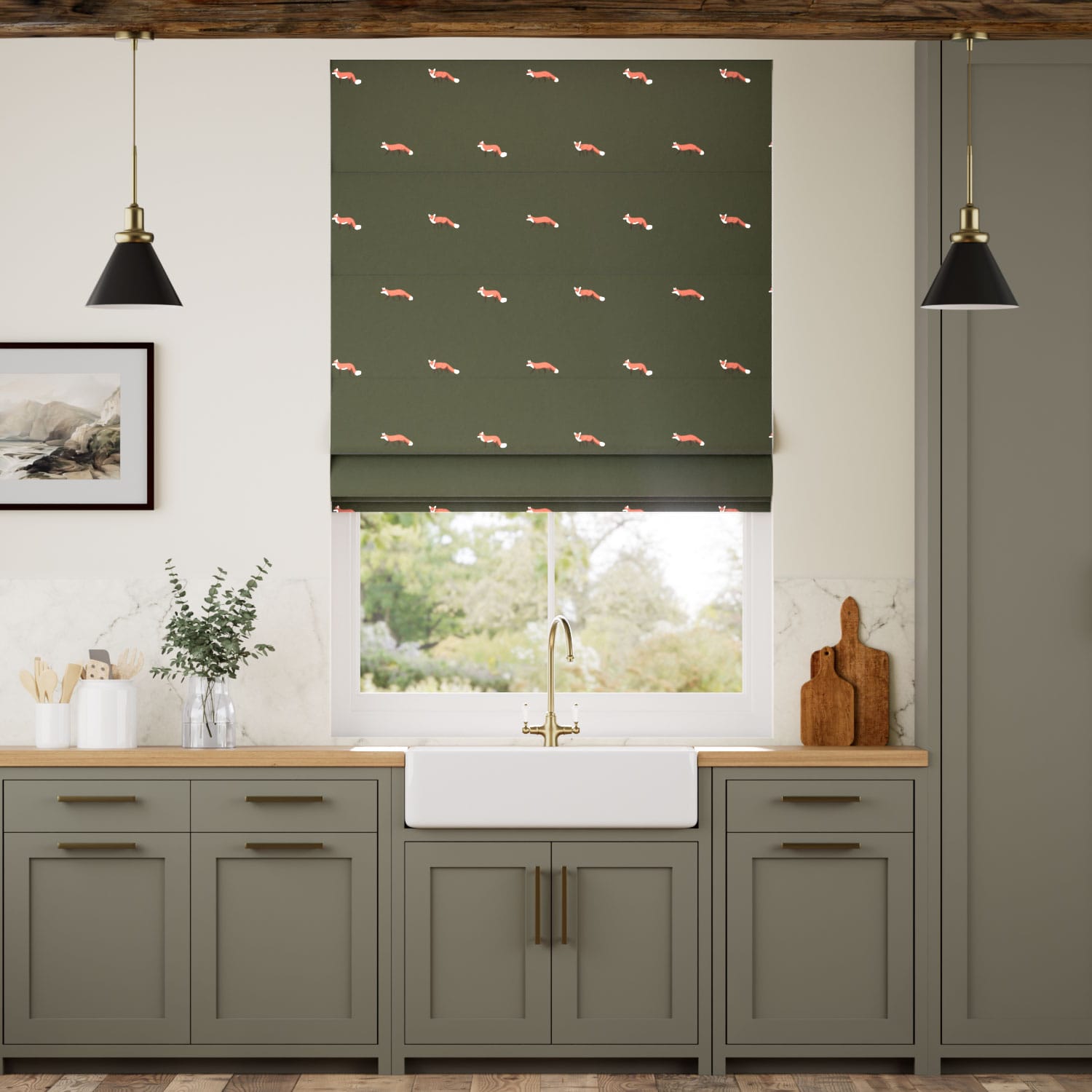 Foxes Forest Green Roman Blind
