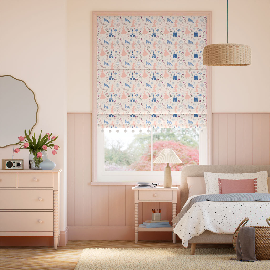 Frozen Pom Pom Soft Rose Roman Blind