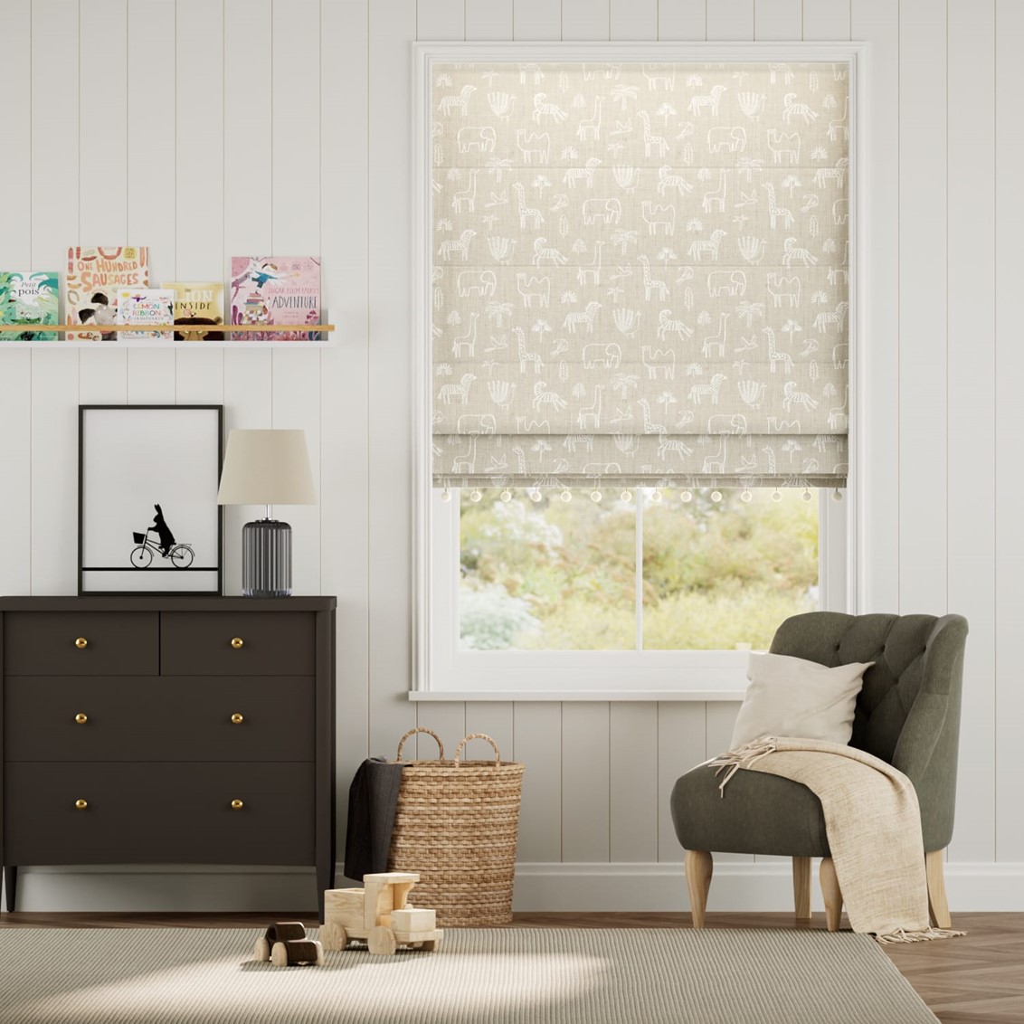 Funky Jungle Mini Pebble & Chalk Trimmed Roman Blind