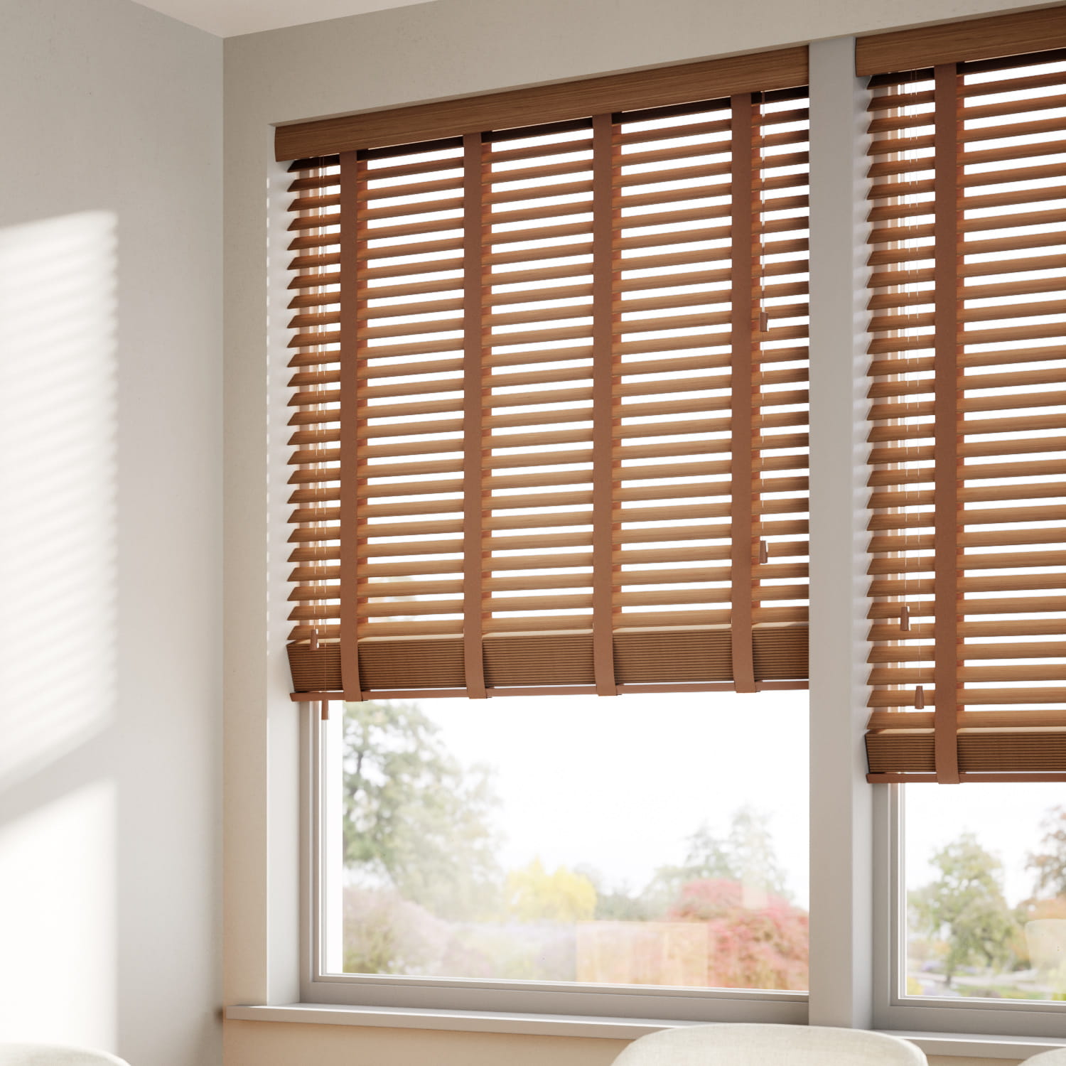 Golden Oak & Pecan Wooden Blind with Tapes - 35mm Slat