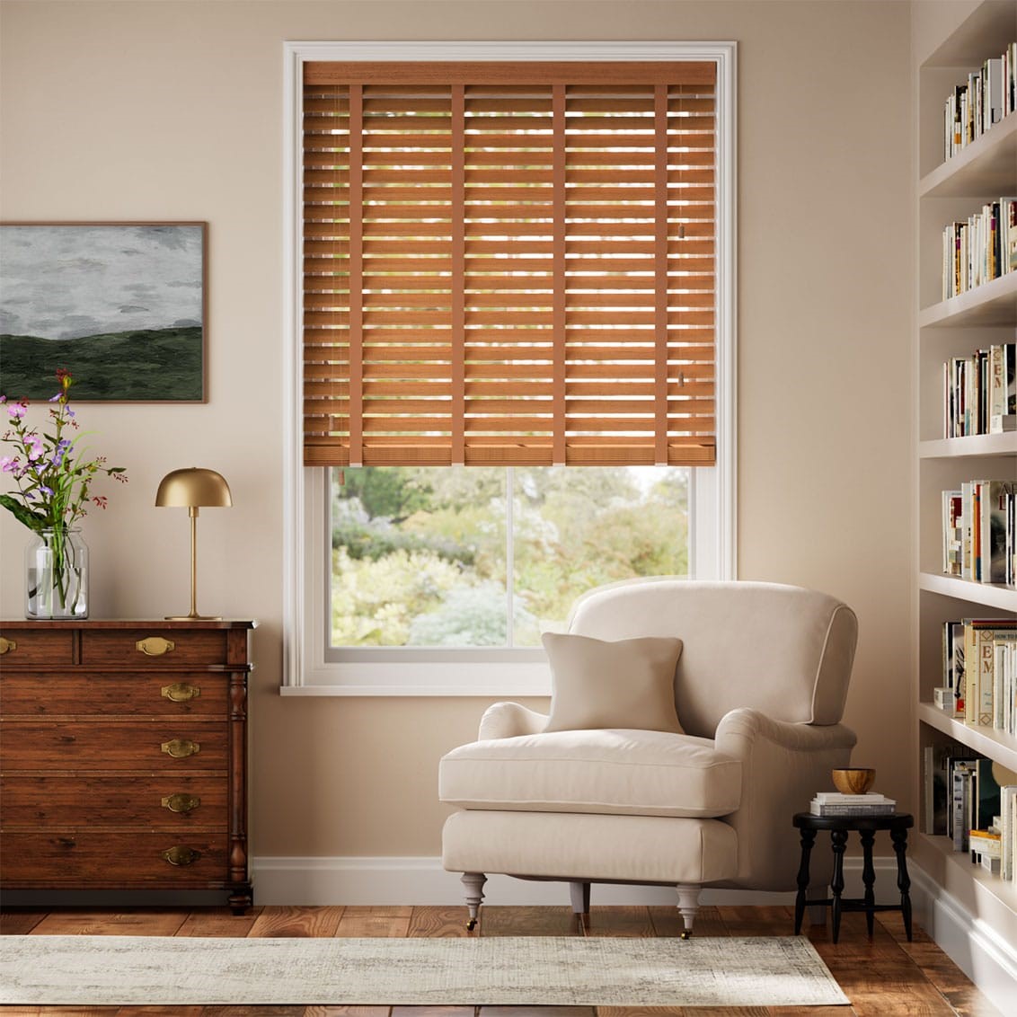 Warm Oak & Tan Faux Wood Blind - 50mm Slat