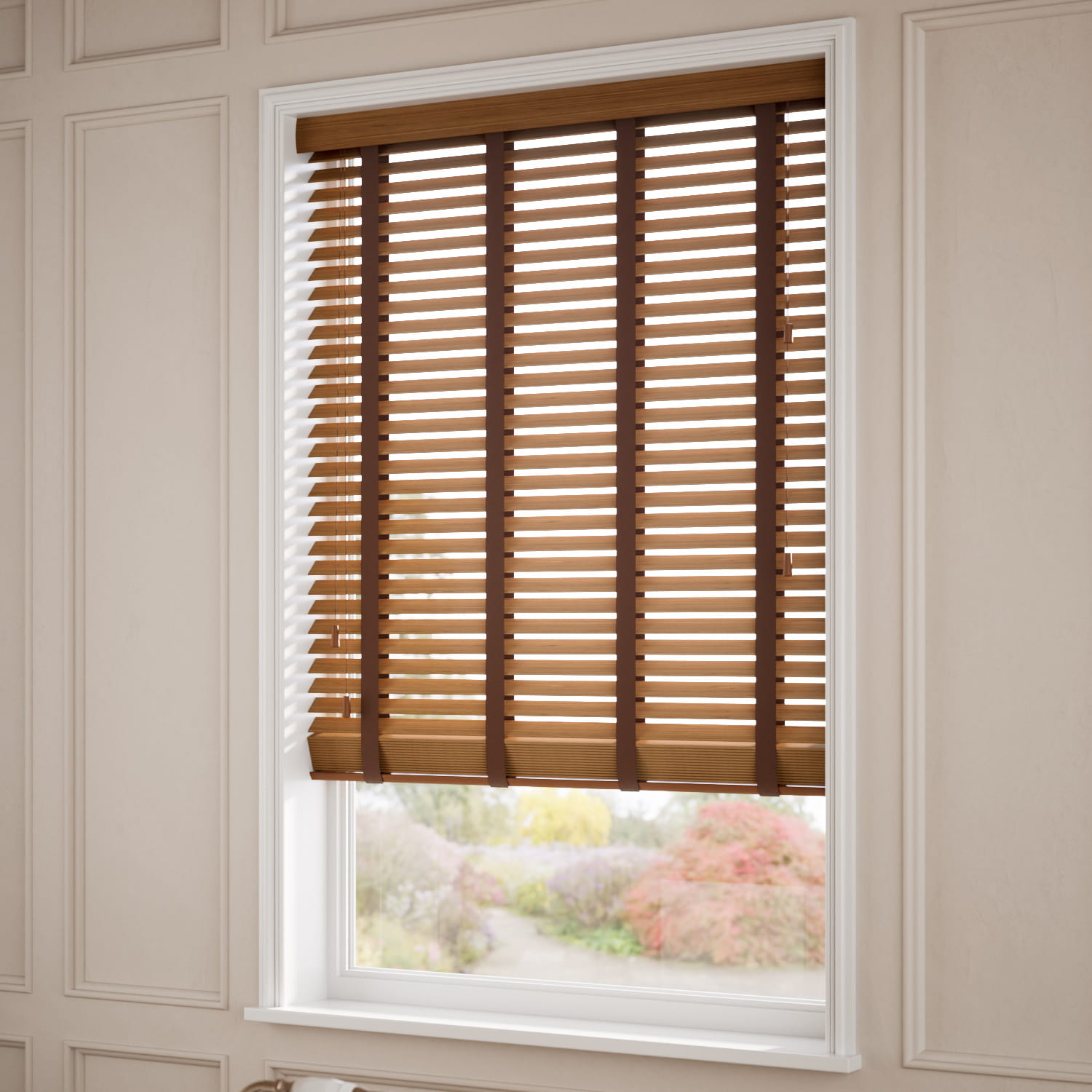 Golden Oak & Walnut Wooden Blind with Tapes - 35mm Slat