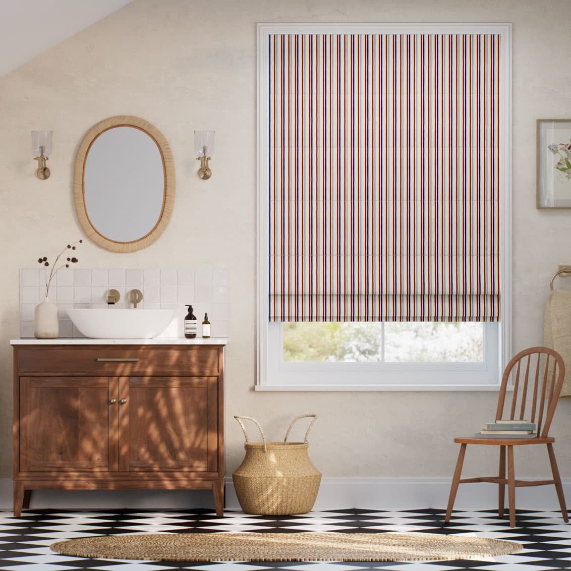 Hand Painted Stripes Cobalt & Polka Red Roman Blind
