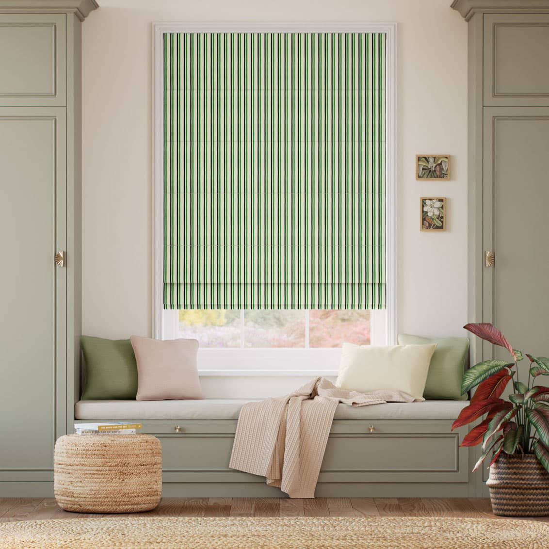 Hand Painted Stripes Hawthorn & Dark Green Roman Blind
