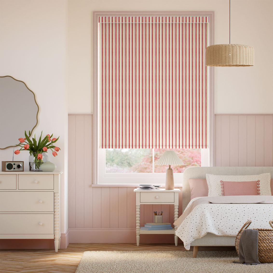 Hand Painted Stripes Rose Pink & Polka Red Roller Blind