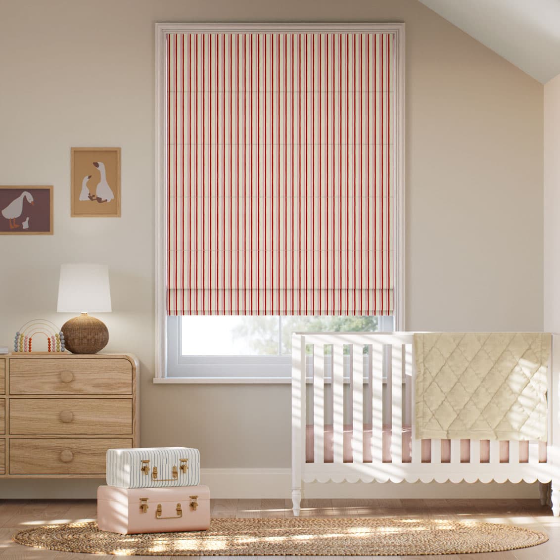 Hand Painted Stripes Rose Pink & Polka Red Roman Blind